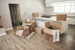 Unpacked moving boxes in a modern kitchen