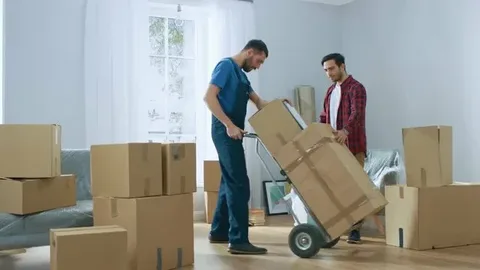Movers handling boxes inside a home during relocation