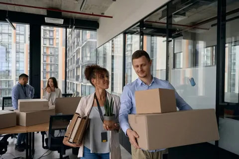 Employees carrying boxes during an office move.