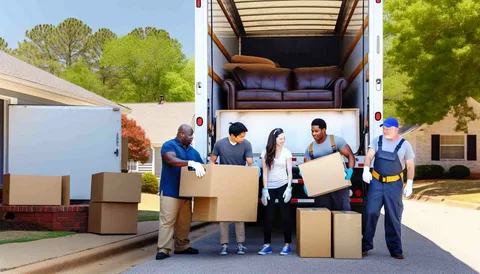 Moving crew unloading boxes from a truck outside a suburban home