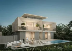 Modern two-story house with balcony and outdoor swimming pool.