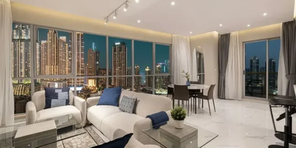 Modern living room with city skyline view at night