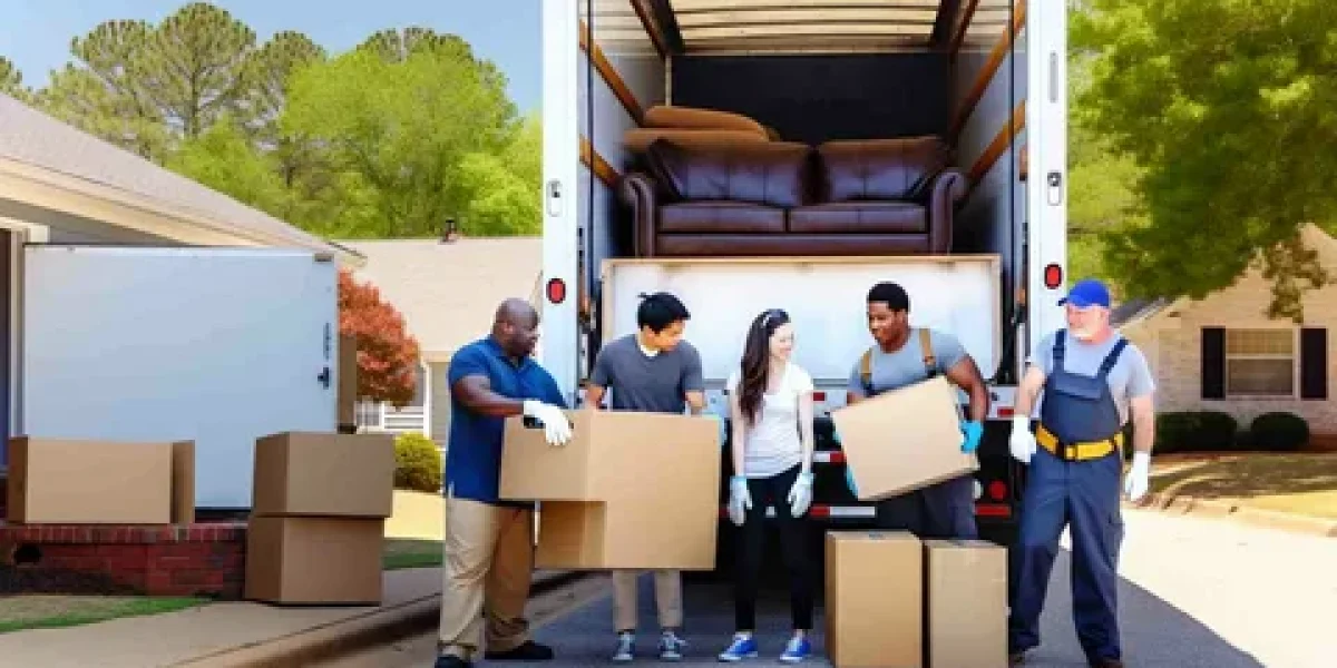 Moving crew unloading boxes from a truck outside a suburban home
